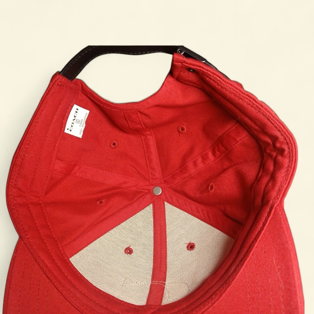 Coach Red Baseball Cap With Adjustable Leather Strap And Leather C Unisex OSFM - Picture 5 of 7